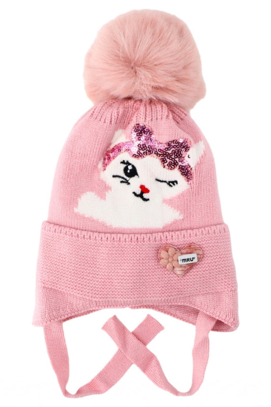 Caciula pentru copii tricotata, captuseala fleece, ciucure, Pisicuta, NO5901, 2-3 ani, Roz deschis