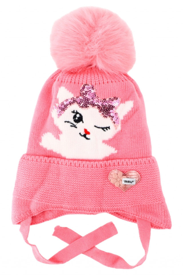 Caciula pentru copii tricotata, captuseala fleece, ciucure, Pisicuta, NO5902, 2-3 ani, Roz