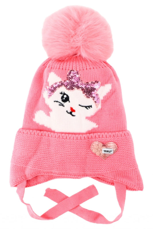Caciula pentru copii tricotata, captuseala fleece, ciucure, Pisicuta, NO5902, 2-3 ani, Roz