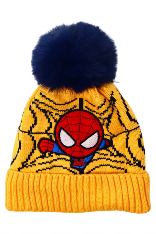 Caciula pentru copii tricotata, captuseala fleece, ciucure, Spider-Man, NO8083, 4-5 ani, Galben