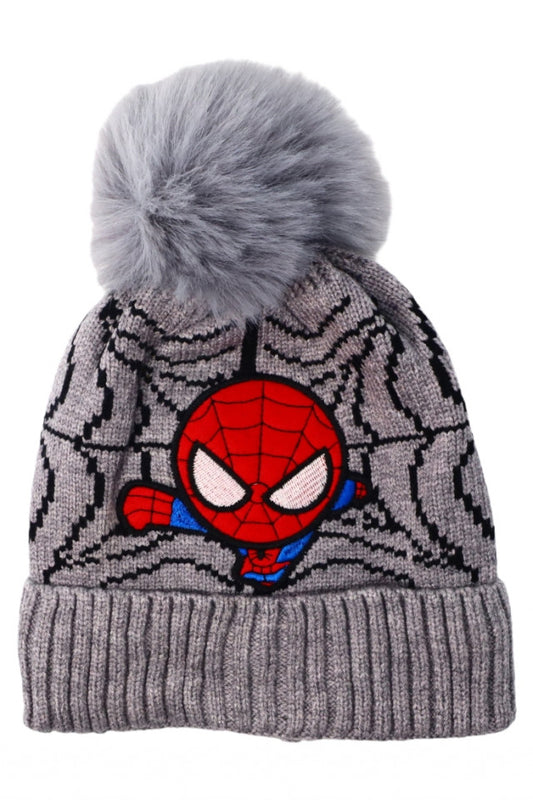 Caciula pentru copii tricotata, captuseala fleece, ciucure, Spider-Man, NO9173, 4-5 ani, Gri