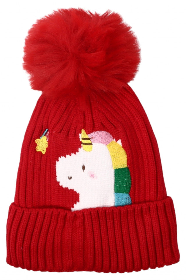 Caciula pentru copii tricotata, captuseala fleece, ciucure, Unicorn, NO3399, 4-5 ani, Rosu