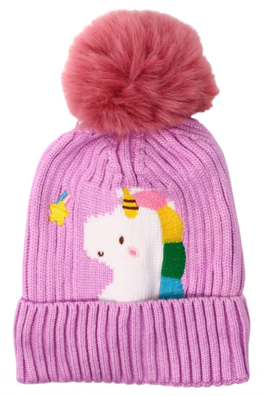 Caciula pentru copii tricotata, captuseala fleece, ciucure, Unicorn, NO4437, 4-5 ani, Mov