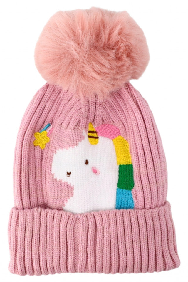 Caciula pentru copii tricotata, captuseala fleece, ciucure, Unicorn, NO5081, 4-5 ani, Ros deschis