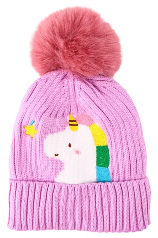 Caciula pentru copii tricotata, captuseala fleece, ciucure, Unicorn, NO6005, 4-5 ani, Mov