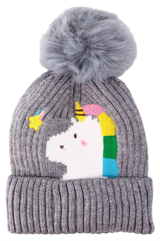 Caciula pentru copii tricotata, captuseala fleece, ciucure, Unicorn, NO6830, 4-5 ani, Gri