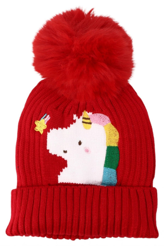 Caciula pentru copii tricotata, captuseala fleece, ciucure, Unicorn, NO6906, 4-5 ani, Rosu