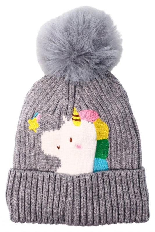 Caciula pentru copii tricotata, captuseala fleece, ciucure, Unicorn, NO7726, 4-5 ani, Gri
