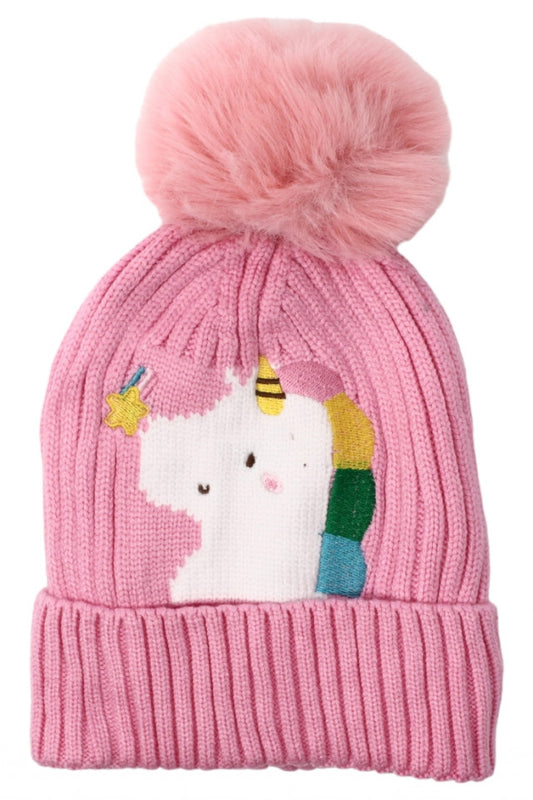 Caciula pentru copii tricotata, captuseala fleece, ciucure, Unicorn, NO8093, 4-5 ani, Roz