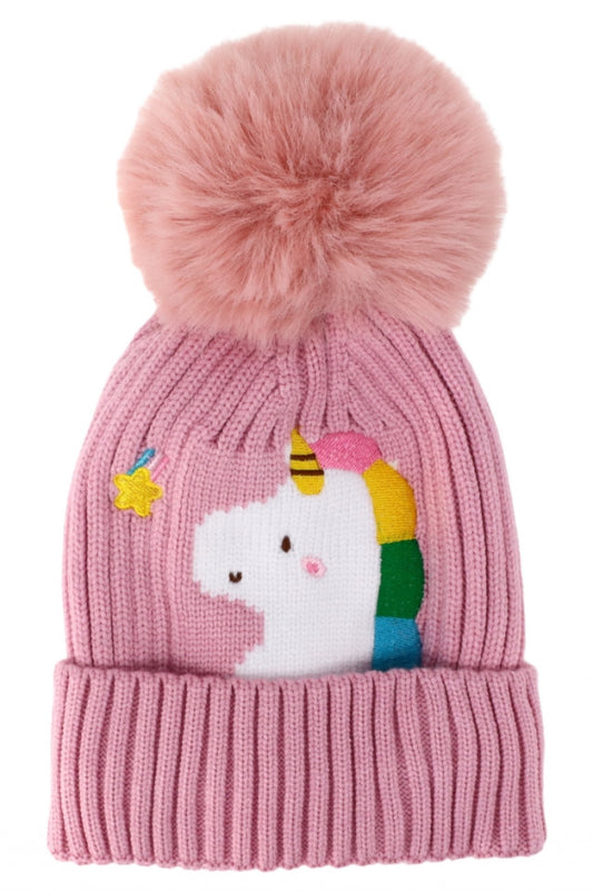 Caciula pentru copii tricotata, captuseala fleece, ciucure, Unicorn, NO5885, 4-5 ani, Roz deschis