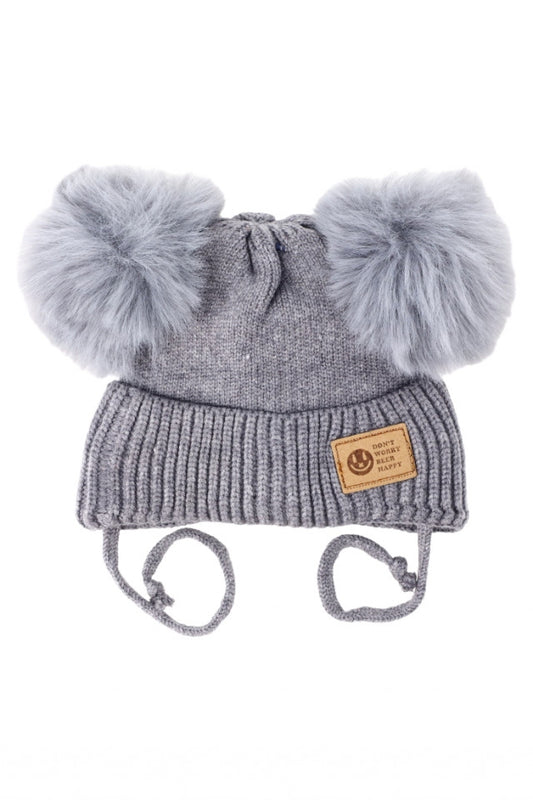 Caciula pentru copii tricotata, captuseala fleece, ciucuri, NO1474, 1-3 luni, Gri