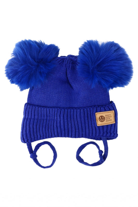 Caciula pentru copii tricotata, captuseala fleece, ciucuri, NO3439, 1-3 luni, Albastru