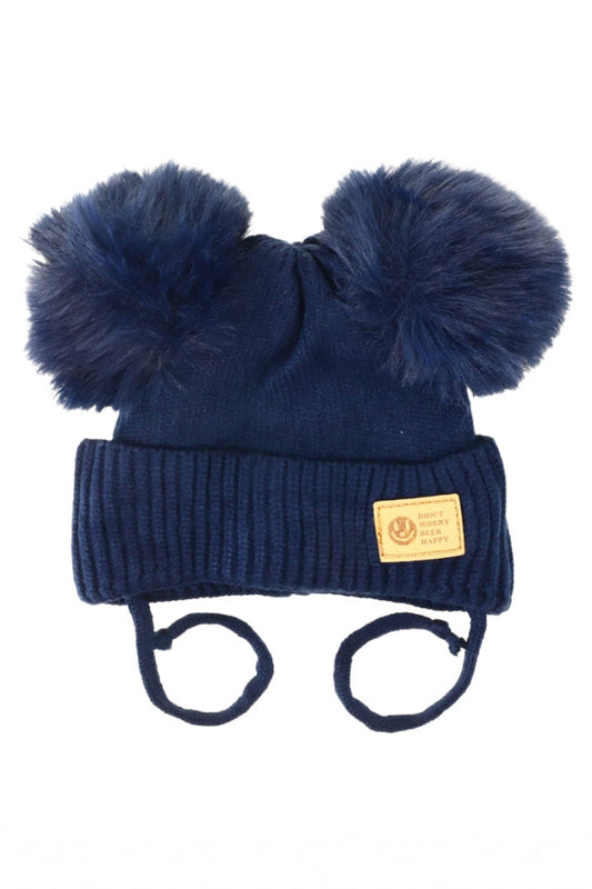Caciula pentru copii tricotata, captuseala fleece, ciucuri, NO3485, 1-3 luni, Albastru inchis