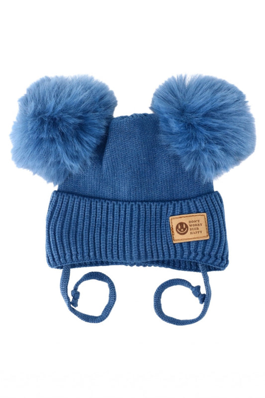 Caciula pentru copii tricotata, captuseala fleece, ciucuri, NO4431, 1-3 luni, Albastru