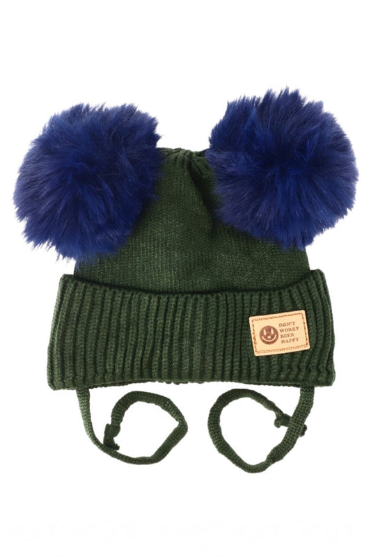 Caciula pentru copii tricotata, captuseala fleece, ciucuri, NO7530, 1-3 luni, Verde