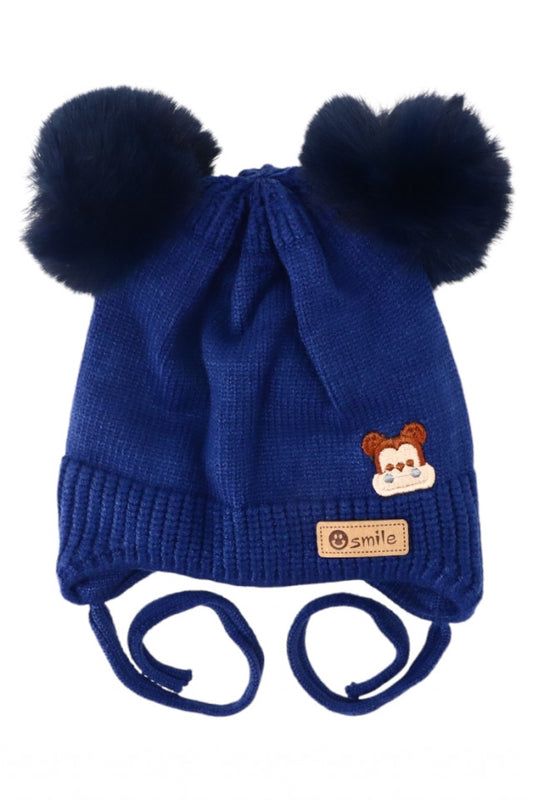 Caciula pentru copii tricotata, captuseala fleece, Ciucuri, Smile, NO1291, 2-3 ani, Albastru