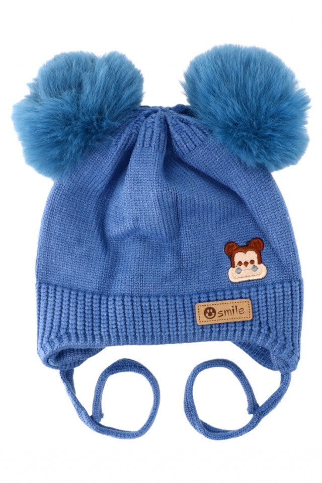 Caciula pentru copii tricotata, captuseala fleece, Ciucuri, Smile, NO2706, 2-3 ani, Albastru
