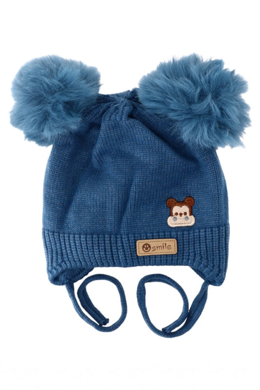 Caciula pentru copii tricotata, captuseala fleece, Ciucuri, Smile, NO3037, 2-3 ani, Albastru