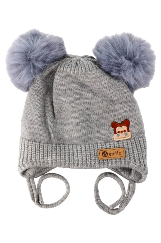 Caciula pentru copii tricotata, captuseala fleece, Ciucuri, Smile, NO4955, 2-3 ani, Gri