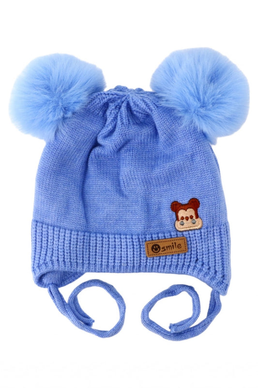 Caciula pentru copii tricotata, captuseala fleece, Ciucuri, Smile, NO5088, 2-3 ani, Albastru deschis