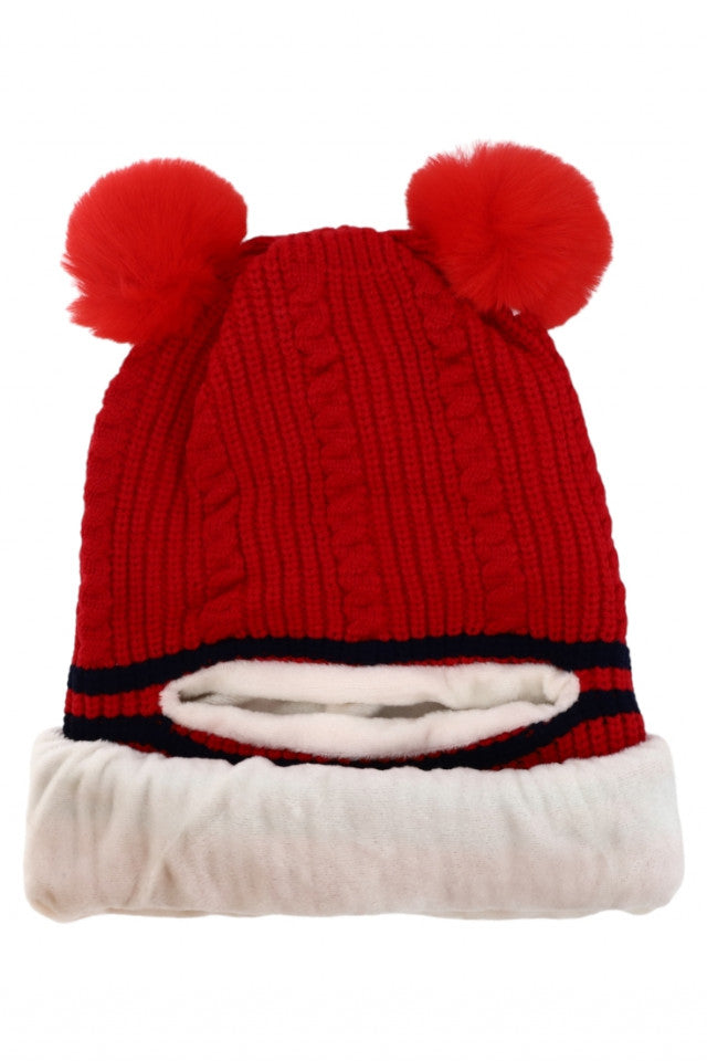 Caciula tip cagula, pentru copii, tricotata, captuseala fleece, NO7737, 3-4 ani, Rosu