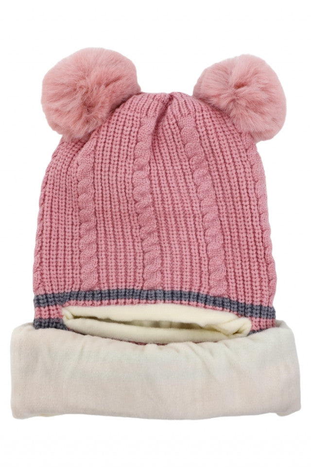 Caciula tip cagula, pentru copii, tricotata, captuseala fleece, NO7739, 3-4 ani, Roz