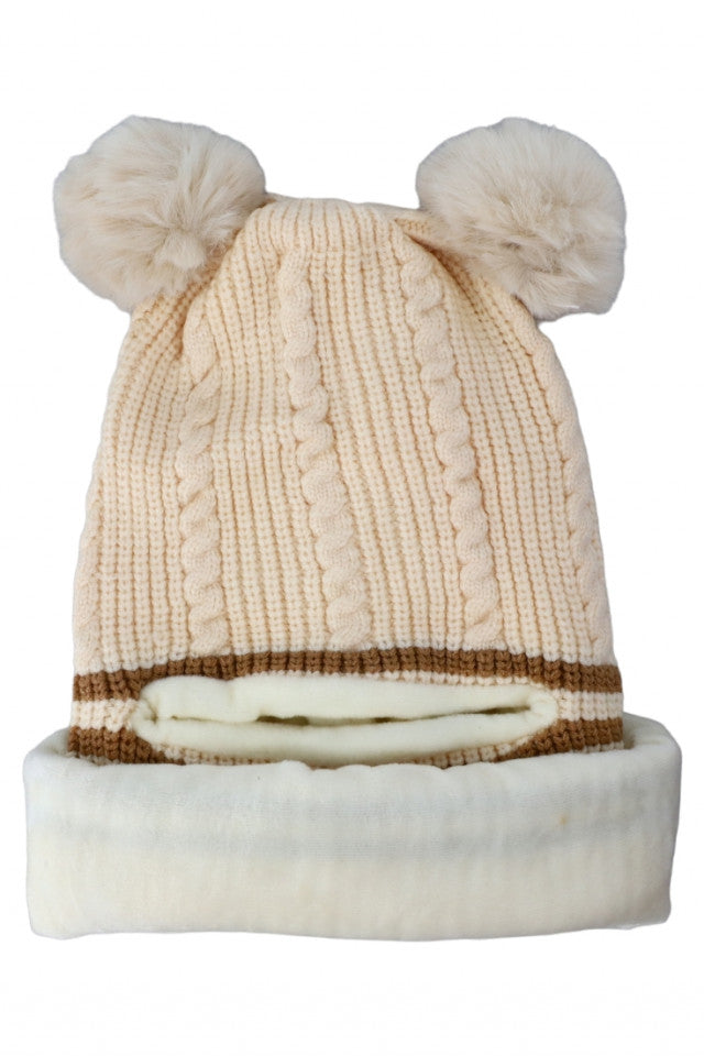 Caciula tip cagula, pentru copii, tricotata, captuseala fleece, NO7741, 3-4 ani, Bej