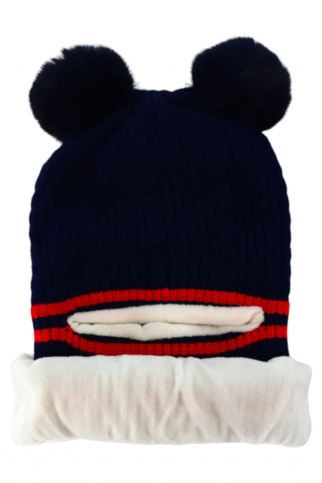 Caciula tip cagula, pentru copii, tricotata, captuseala fleece, NO7742, 3-4 ani, Albastru inchis