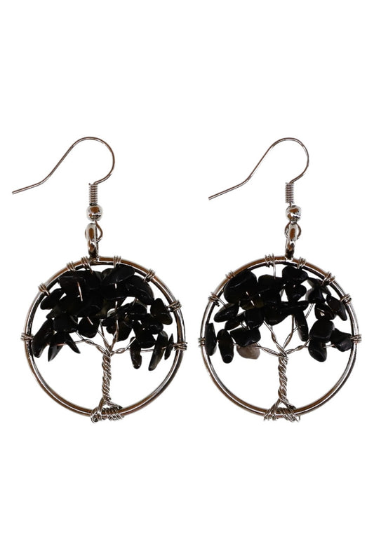Cercei cu pietre semipretioase, Copacul vietii, Handmade, NO002, 2.8 cm, Negru