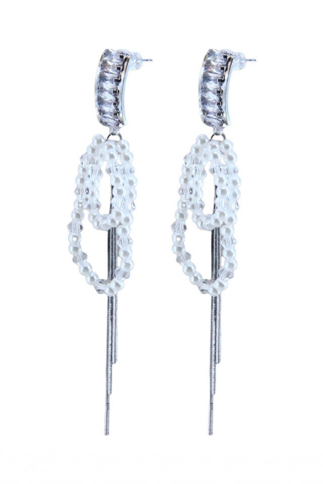 Cercei dama, Perle, Zirconiu, Otel inoxidabil, NO1186, 9 cm, Argintiu