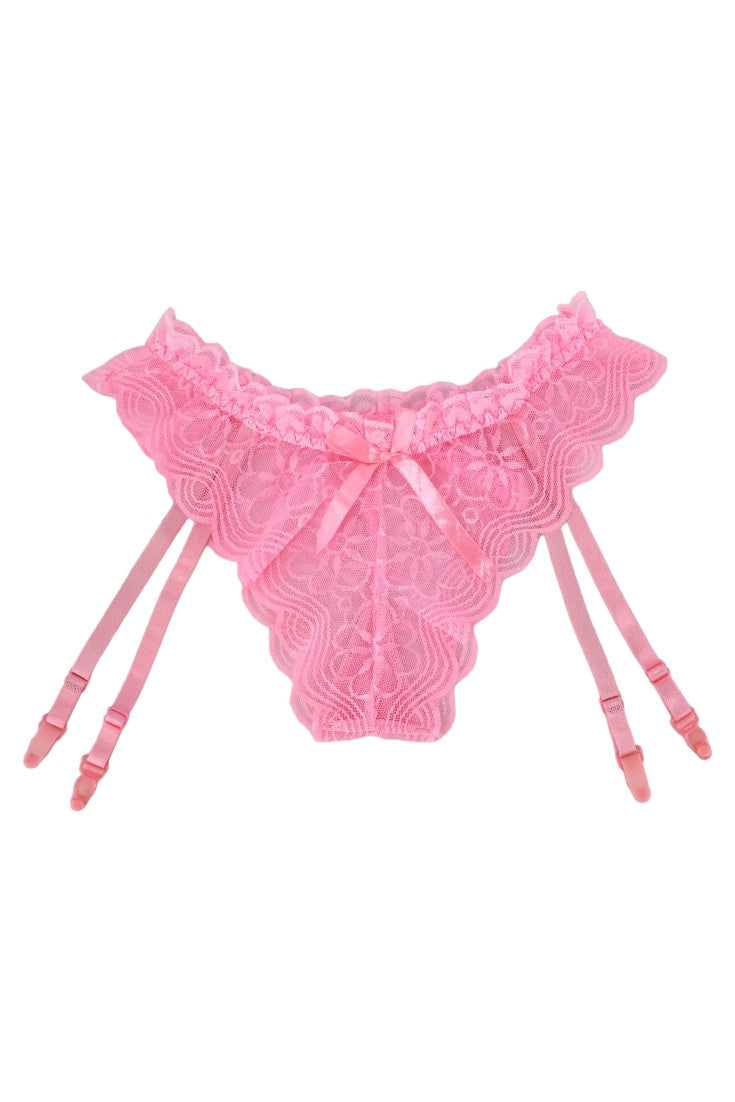 Chiloti sexy din dantela cu jartiere atasate, Funda, NO131, One Size INTL, Roz