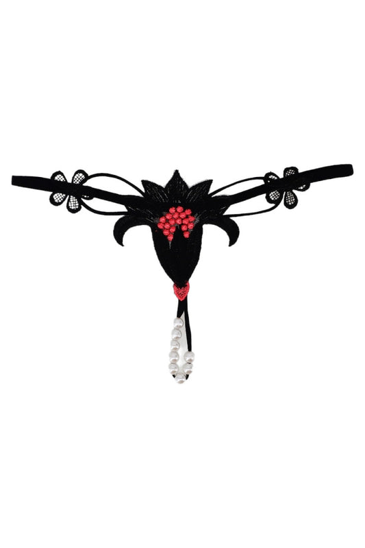 Chiloti tanga, Floare, margele, NO529, S-M, Negru