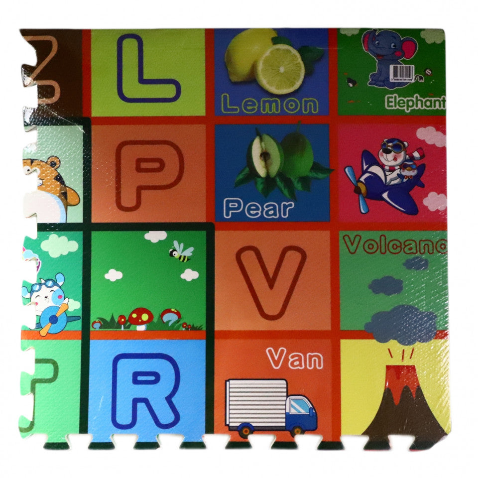 Covoras Puzzle, din spuma, format din 4 bucati, cu imprimeu litere, fructe si animale, marime 1.22 x 1.22 m, Multicolor