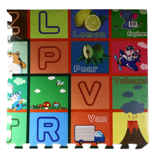 Covoras Puzzle, din spuma, format din 4 bucati, cu imprimeu litere, fructe si animale, marime 1.22 x 1.22 m, Multicolor
