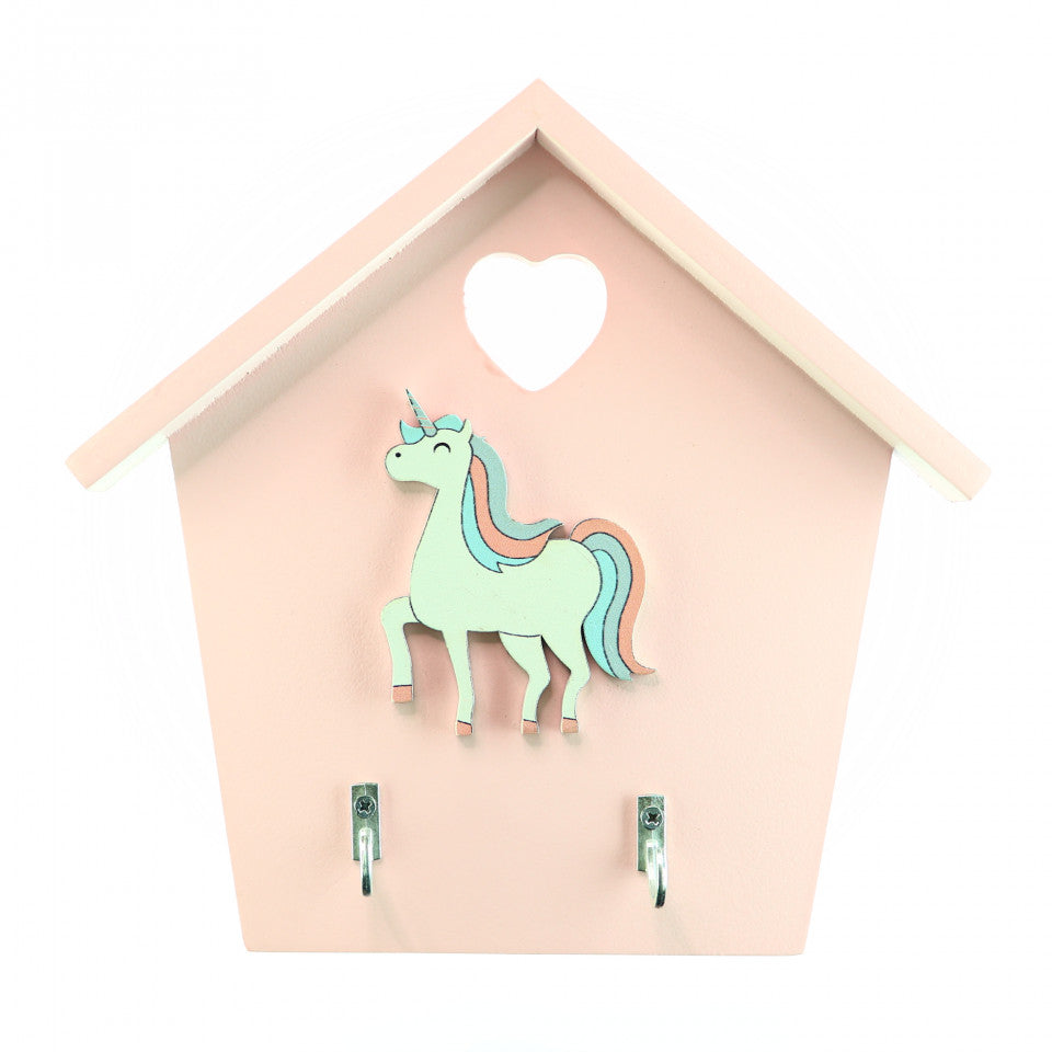 Cuier pentru chei, model casuta din lemn cu unicorn, Roz