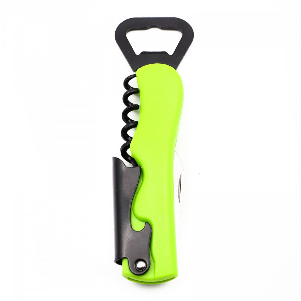 Desfacator de sticle, tirbuson si cutit, 3 in 1, Verde, 13.5 cm