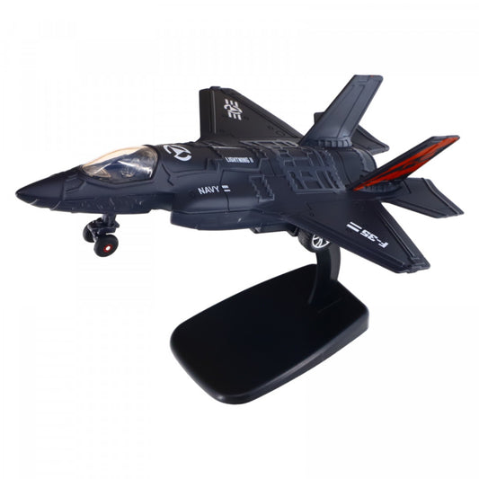 Figurina de colectie, Avion F 35, Metal, Pull back, Die-cast, Suport, 1/72, NO569, 21 cm, Negru