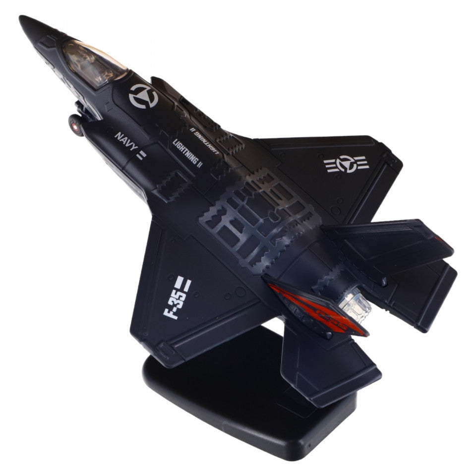 Figurina de colectie, Avion F 35, Metal, Pull back, Die-cast, Suport, 1/72, NO569, 21 cm, Negru