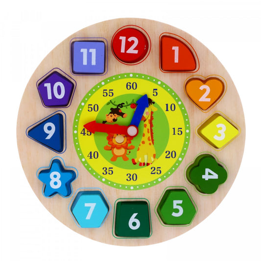 Joc educativ din Lemn, Multiple Moduri de Joaca, Invatare ceas, Puzzle, Culori, Numere, Forme, Invatarea cifrelor in Engleza, Multicolor