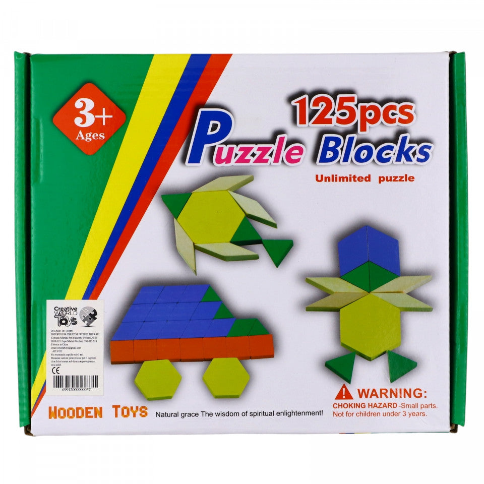 Joc educativ, din lemn, Tangram, 3 ani, 125 piese, Multicolor
