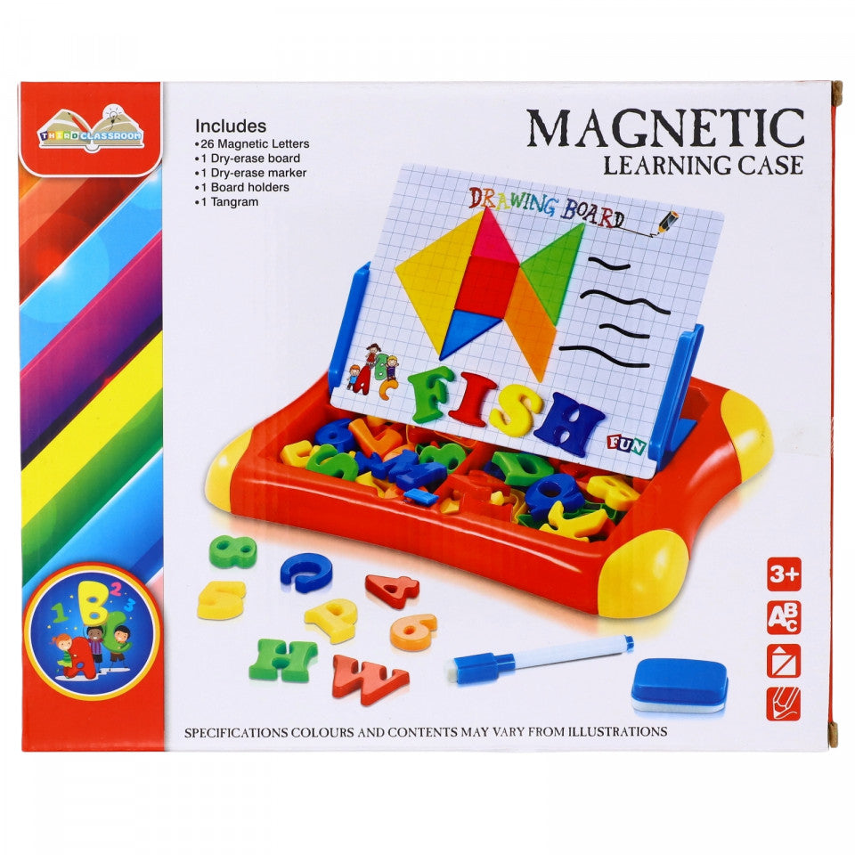 Joc educativ pentru copii, Tablita magnetica cu stativ, 26 litere magnetice, 1 joc tangram