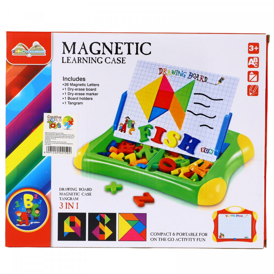 Joc educativ pentru copii, Tablita magnetica cu stativ, 26 litere magnetice, 1 joc tangram