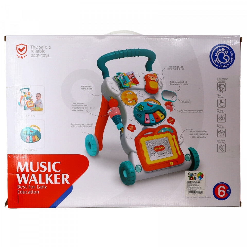 Jucarie interactiva bebelusi, Premergator / Antemergator Huanger cu centru de activitati, pian si tablita de scris magnetica detasabila, multicolor