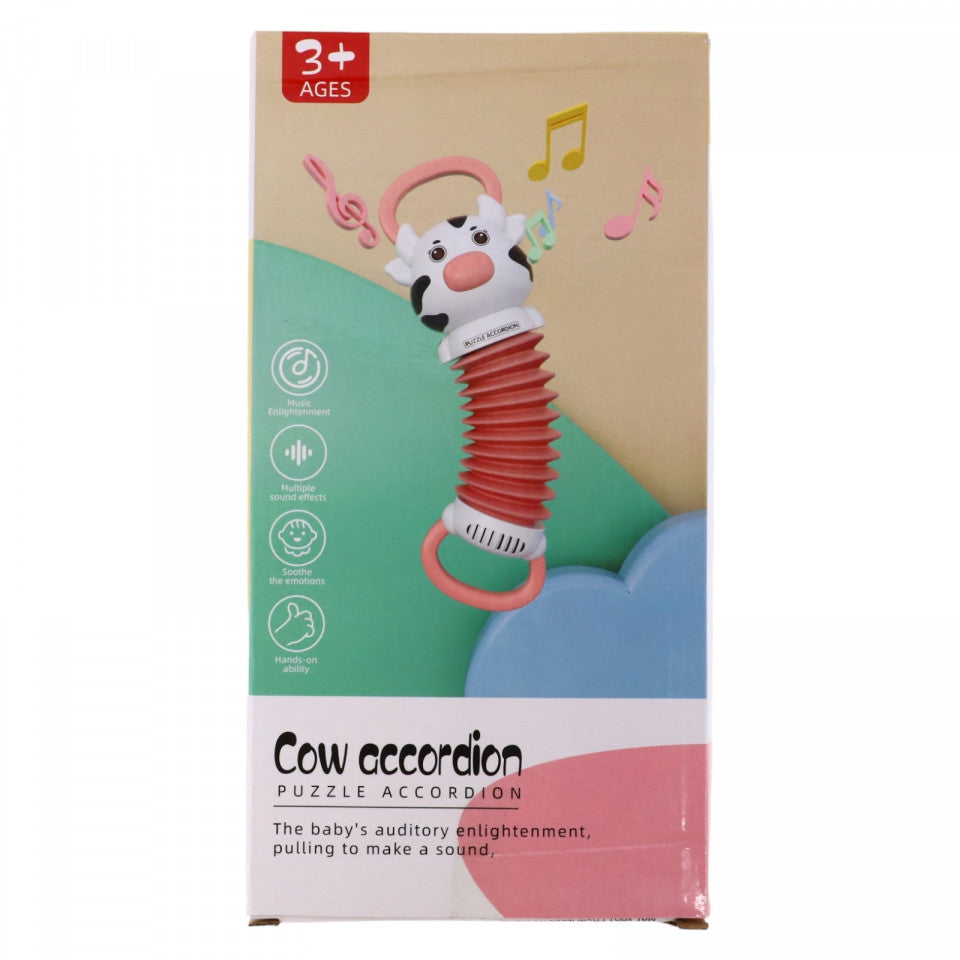 Jucarie interactiva bebelusi, Vacuta acordeon, NO423, 3 ani, 25 cm, Roz