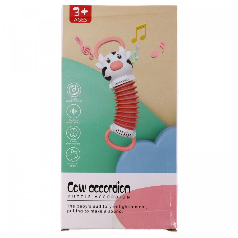 Jucarie interactiva bebelusi, Vacuta acordeon, NO424, 3 ani, 25 cm, Maro