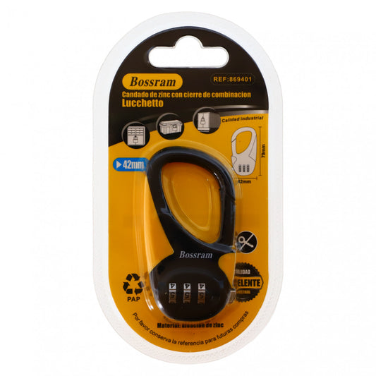 Lacat cu cifru, Bossram, NO401, 4.2 x 7.9 cm, Negru
