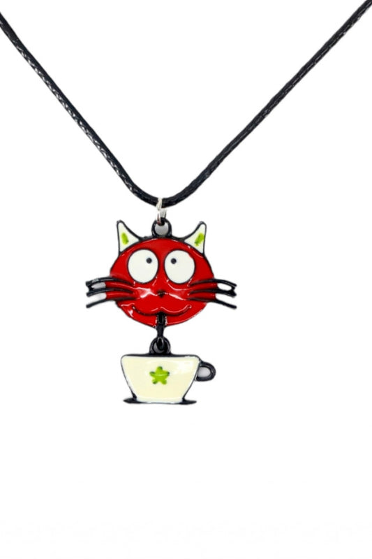 Lantisor cu pandantiv, Pisica la cafeluta, NO1009, 50 cm, Multicolor