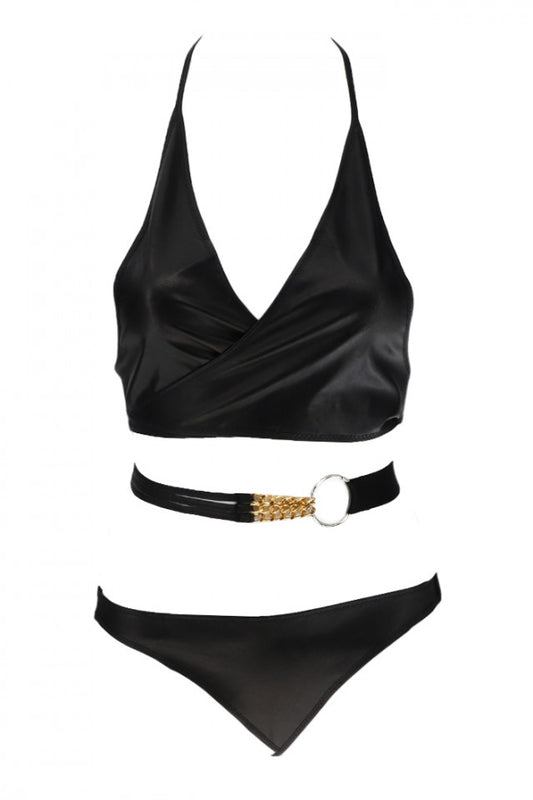 Lenjerie sexy, 3 piese, imitatie piele, NO3335, One Size INTL, Negru