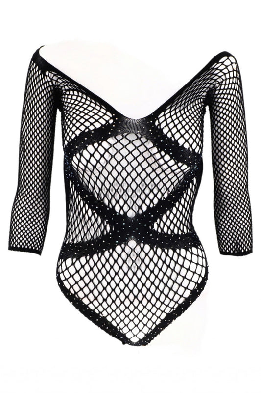 Lenjerie sexy, body tip plasa, Maneca lunga, strasuri, NO7454, One Size INTL, Negru