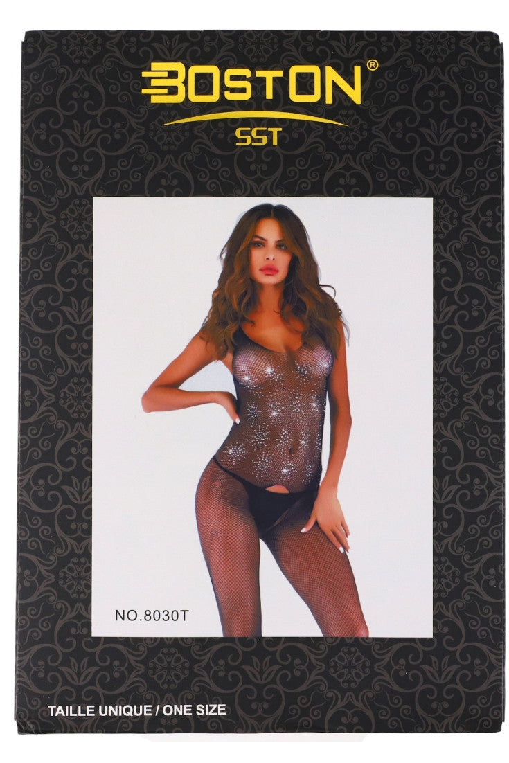 Lenjerie sexy, Bodystocking din plasa, strasuri, NO8030T, One Size INTL, Negru